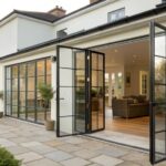 Crittall French doors installed in a modern home, letting in natural light to brighten the interior and enhance property value