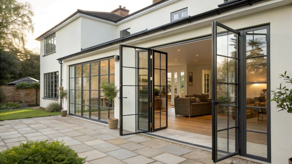 Crittall French doors installed in a modern home, letting in natural light to brighten the interior and enhance property value