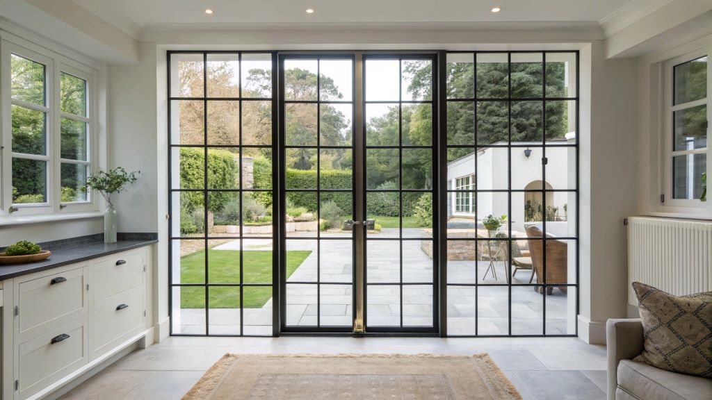 Crittall French doors installed in a modern home, letting in natural light and enhancing interior brightness while adding property value