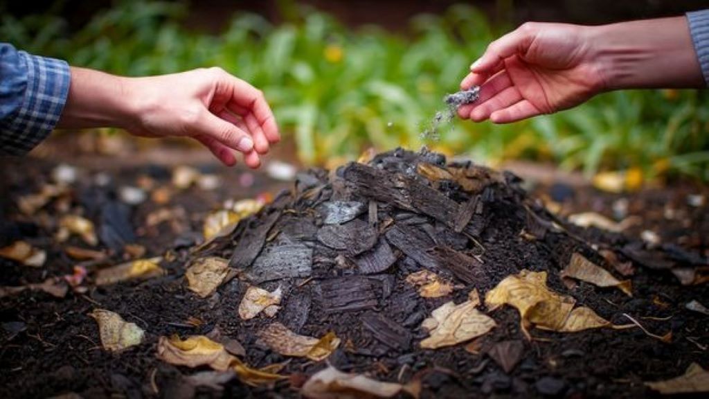 Hands sprinkling gray paper ash onto organic compost heap outdoors