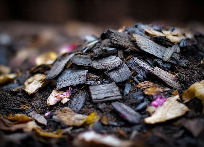 Wood ash and paper ash mixed into dark compost pile for gardening