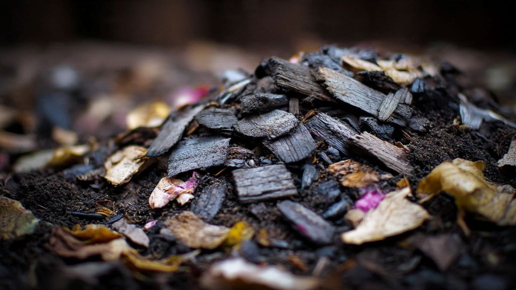 Wood ash and paper ash mixed into dark compost pile for gardening