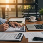 Entrepreneur reviewing business loan documents and financial paperwork at desk with laptop