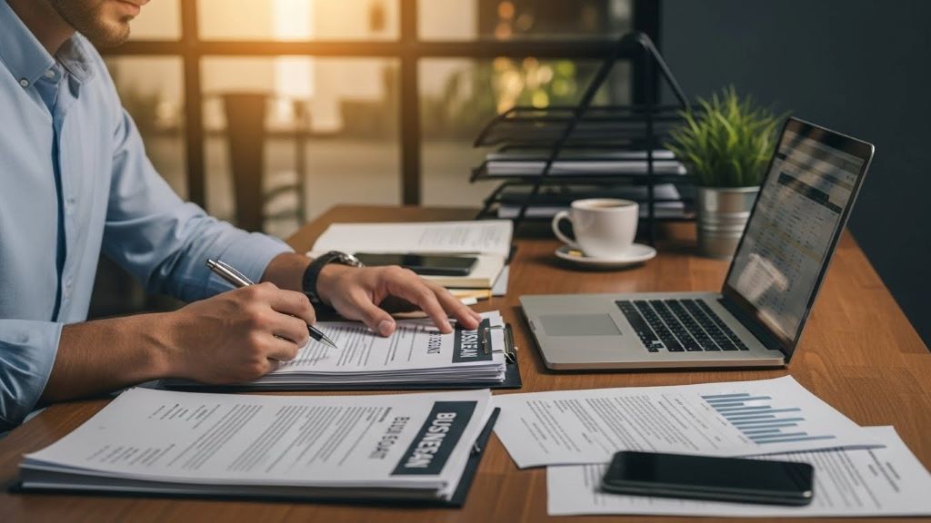 Entrepreneur reviewing business loan documents and financial paperwork at desk with laptop