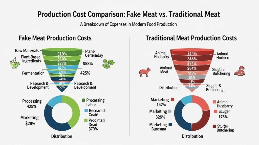 Comparison chart displaying production costs between fake meat and traditional meat products