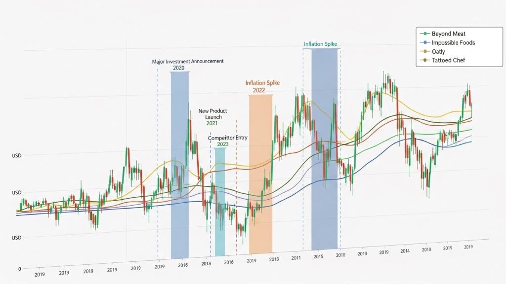 Graph showing plant-based meat stock price volatility and market performance trends over time