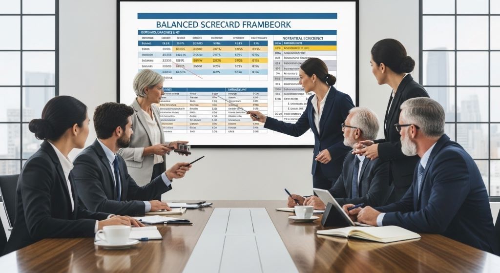 Executive team reviewing balanced scorecard framework with financial and non-financial business unit performance indicators