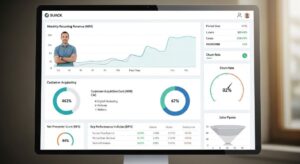 Business analytics dashboard displaying multiple strategic performance metrics including customer lifetime value and return on capital