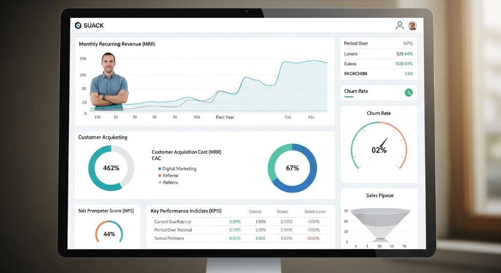 Business analytics dashboard displaying multiple strategic performance metrics including customer lifetime value and return on capital