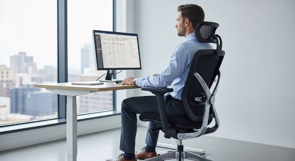 Office worker sitting with correct posture in ergonomic chair demonstrating proper spine alignment and back support
