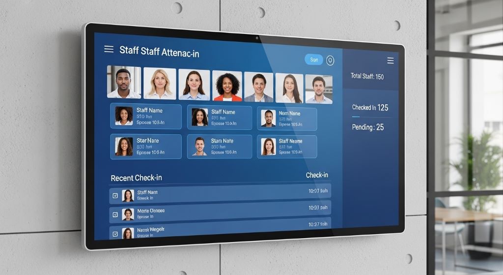Face recognition attendance system displaying real-time staff check-in data