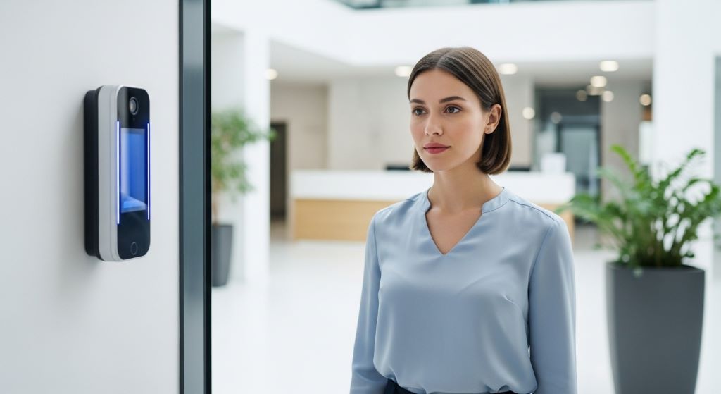 Employee using face recognition scanner at office entrance