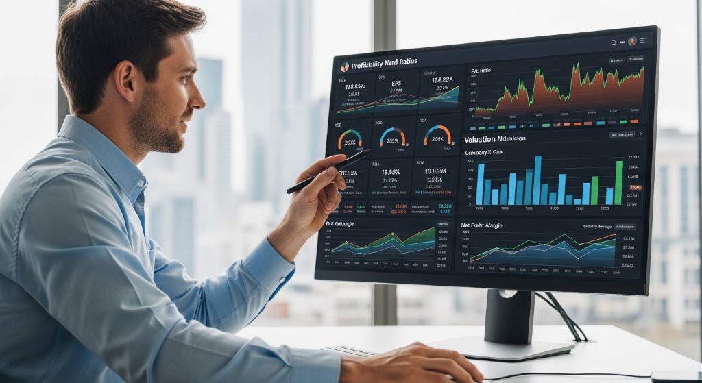 Analyst reviewing profitability and valuation ratios on financial dashboard
