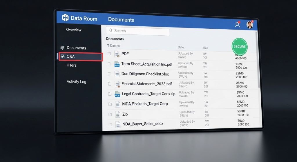 Secure virtual data room interface showing documents shared during a business sale transaction