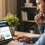 Business owner reviewing a digital marketplace listing on a laptop to sell their business online