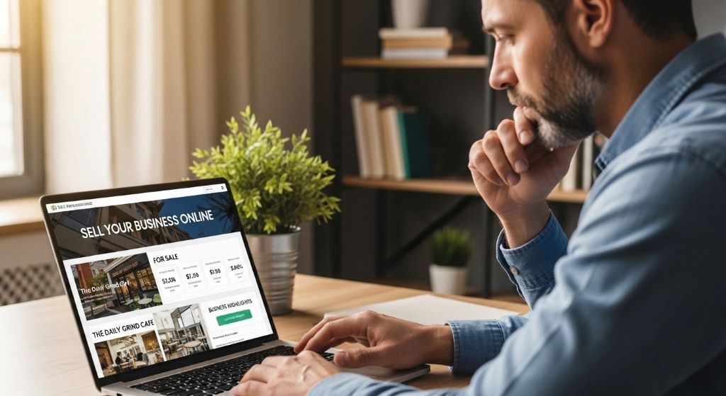 Business owner reviewing a digital marketplace listing on a laptop to sell their business online