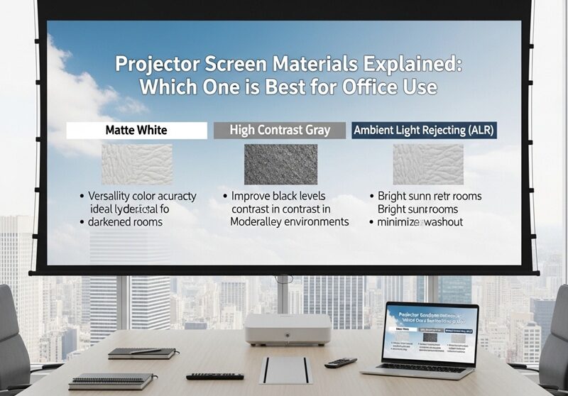 Matte white projector screen in a bright office environment