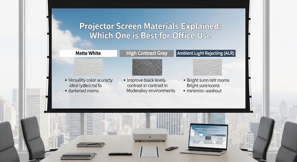Matte white projector screen in a bright office environment