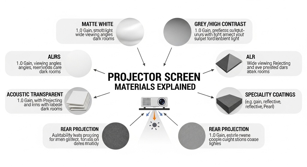 Glass bead projector screen reflecting light in a dimly lit room