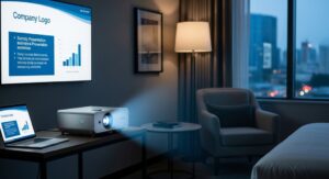 portable office projector setup during business meeting presentation