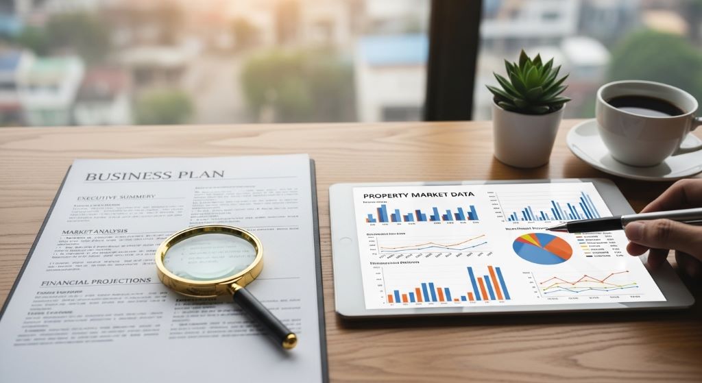 Business plan document beside property market data charts for real estate investment decisions