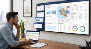 Real estate investor analyzing predictive analytics dashboard to plan ROI growth strategy