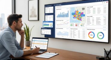 Real estate investor analyzing predictive analytics dashboard to plan ROI growth strategy