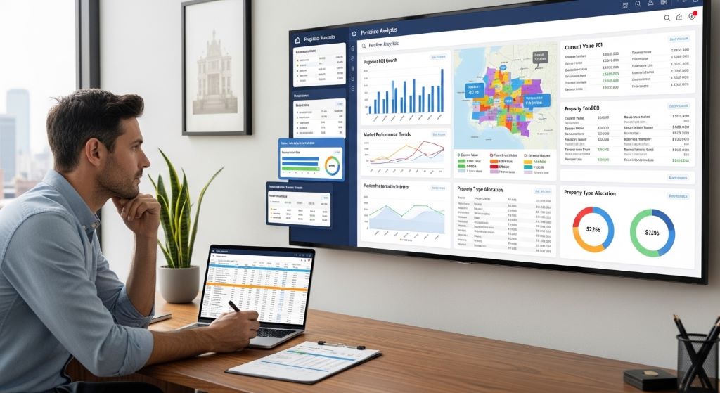 Real estate investor analyzing predictive analytics dashboard to plan ROI growth strategy