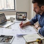 Investor reviewing blueprints and renovation plans for a real estate flipping project