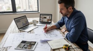 Investor reviewing blueprints and renovation plans for a real estate flipping project