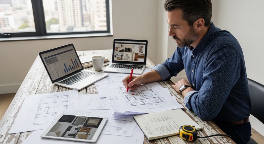 Investor reviewing blueprints and renovation plans for a real estate flipping project