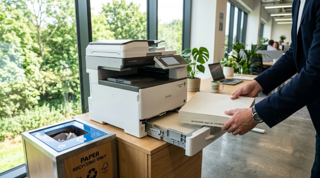 Close-up of an employee loading a stack of white recycled paper into an office printer.