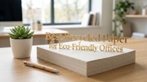 Stack of recycled printer paper on a wooden desk with the title text for eco-friendly offices.