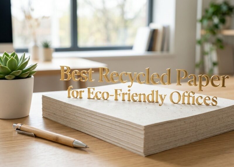 Stack of recycled printer paper on a wooden desk with the title text for eco-friendly offices.