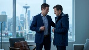 Professional man wearing business casual clothing in rainy downtown Seattle before a job interview