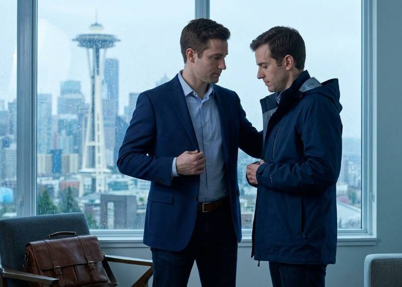 Professional man wearing business casual clothing in rainy downtown Seattle before a job interview