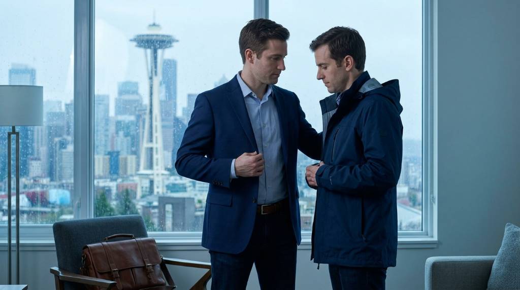 Professional man wearing business casual clothing in rainy downtown Seattle before a job interview