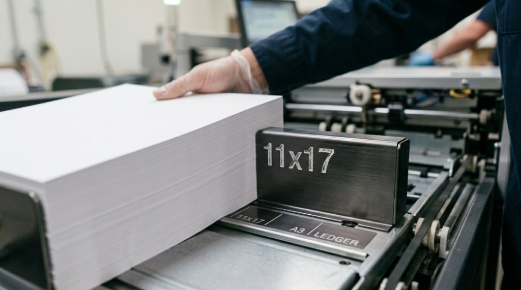 Professional printer using 11x17 ledger-size paper for brochure printing
