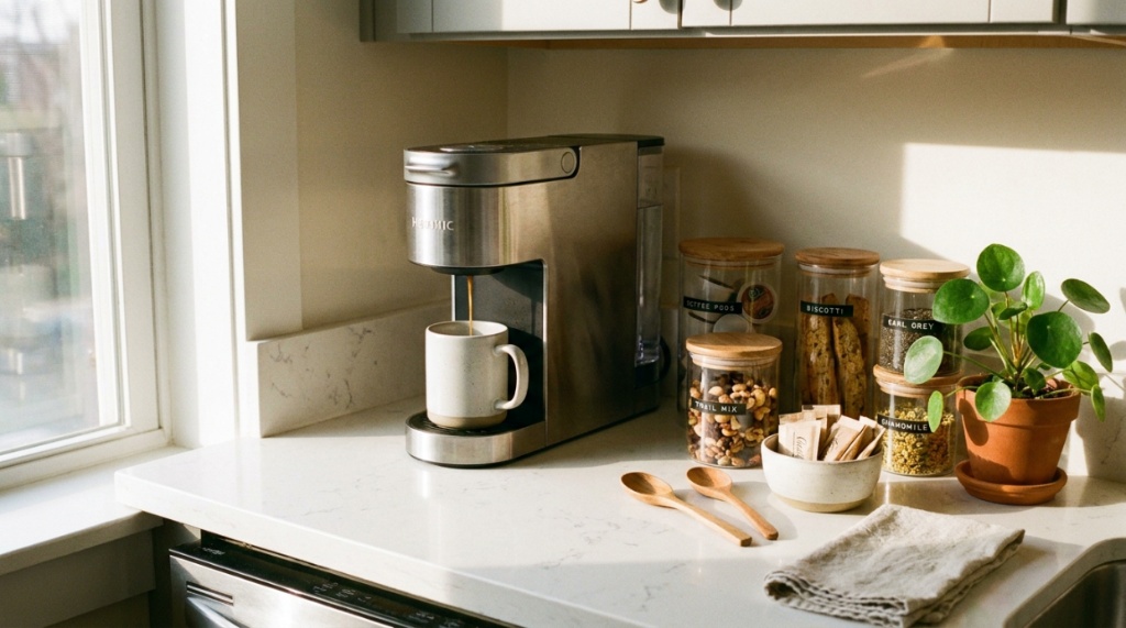 An organized office breakroom coffee and snack station with glass jars.