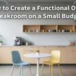 A bright modern office breakroom with text overlay about budget-friendly desig