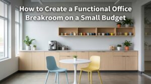 A bright modern office breakroom with text overlay about budget-friendly desig