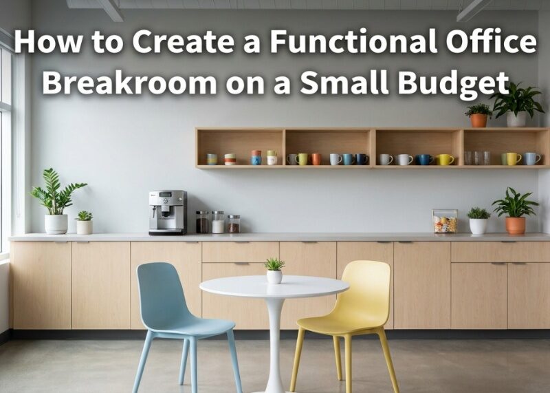 A bright modern office breakroom with text overlay about budget-friendly desig