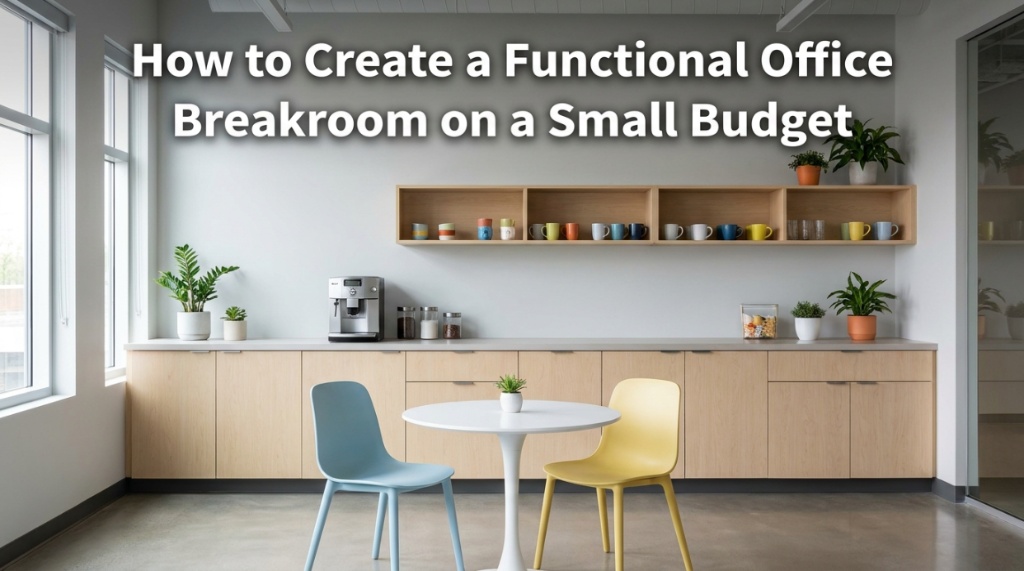 A bright modern office breakroom with text overlay about budget-friendly desig