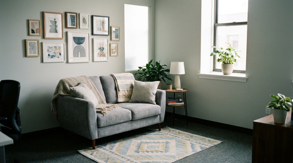 A small cozy seating corner in an office breakroom with a gray couch.