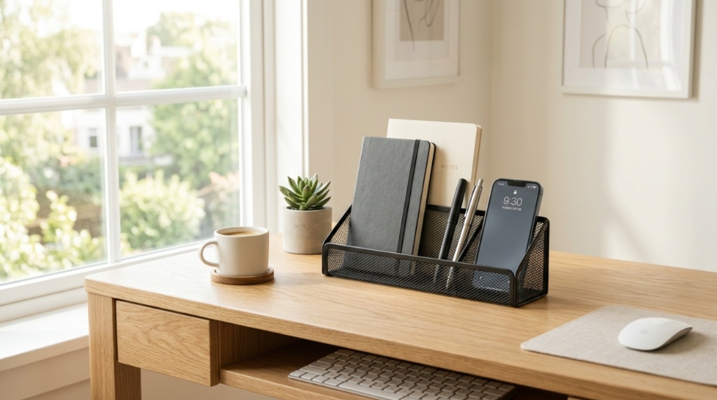 Wooden monitor riser on a desk holding a screen and a small succulent.