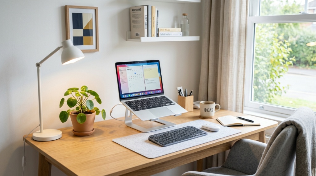 White floating shelves holding books and small plants above a home office desk.