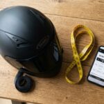 Matte black motorcycle helmet next to tailors measuring tape and smartphone size chart.