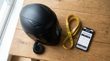 Matte black motorcycle helmet next to tailors measuring tape and smartphone size chart.