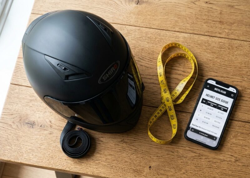 Matte black motorcycle helmet next to tailors measuring tape and smartphone size chart.