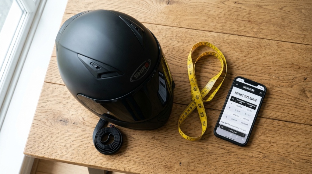 Matte black motorcycle helmet next to tailors measuring tape and smartphone size chart.